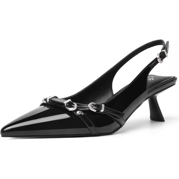 Black Pointed Toe Pumps Leather Low Heel Slingback Heels with Buckle Dress Shoe - Picture 1 of 9